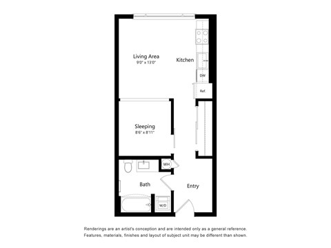 A floor plan of a small apartment with a living area, kitchen, sleeping area, bathroom, and entry.